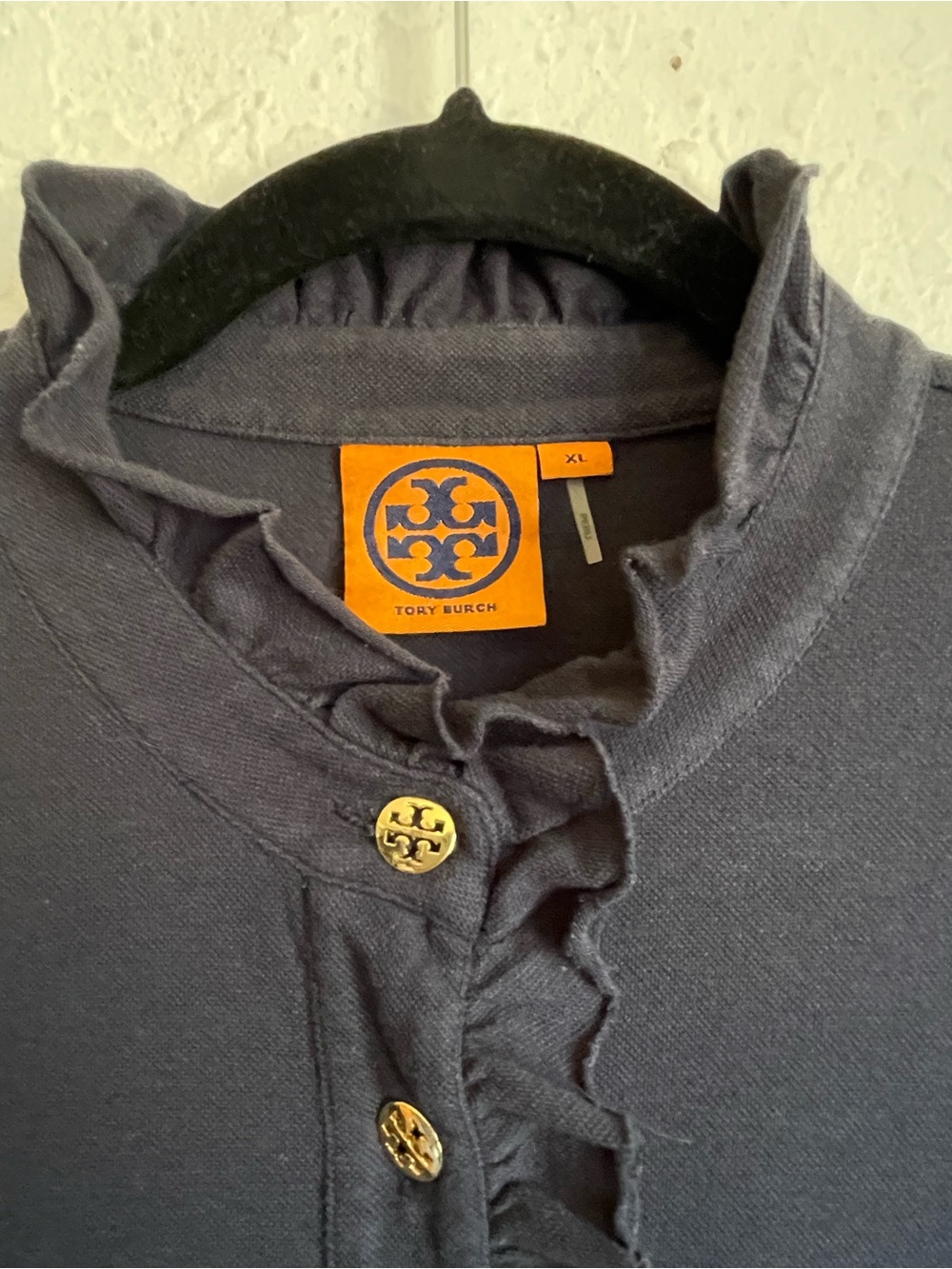TORY BURCH LIDIA POLO SHIRT Navy Short-Sleeve Ruffle-Placket Polo XL - Picture 3 of 10